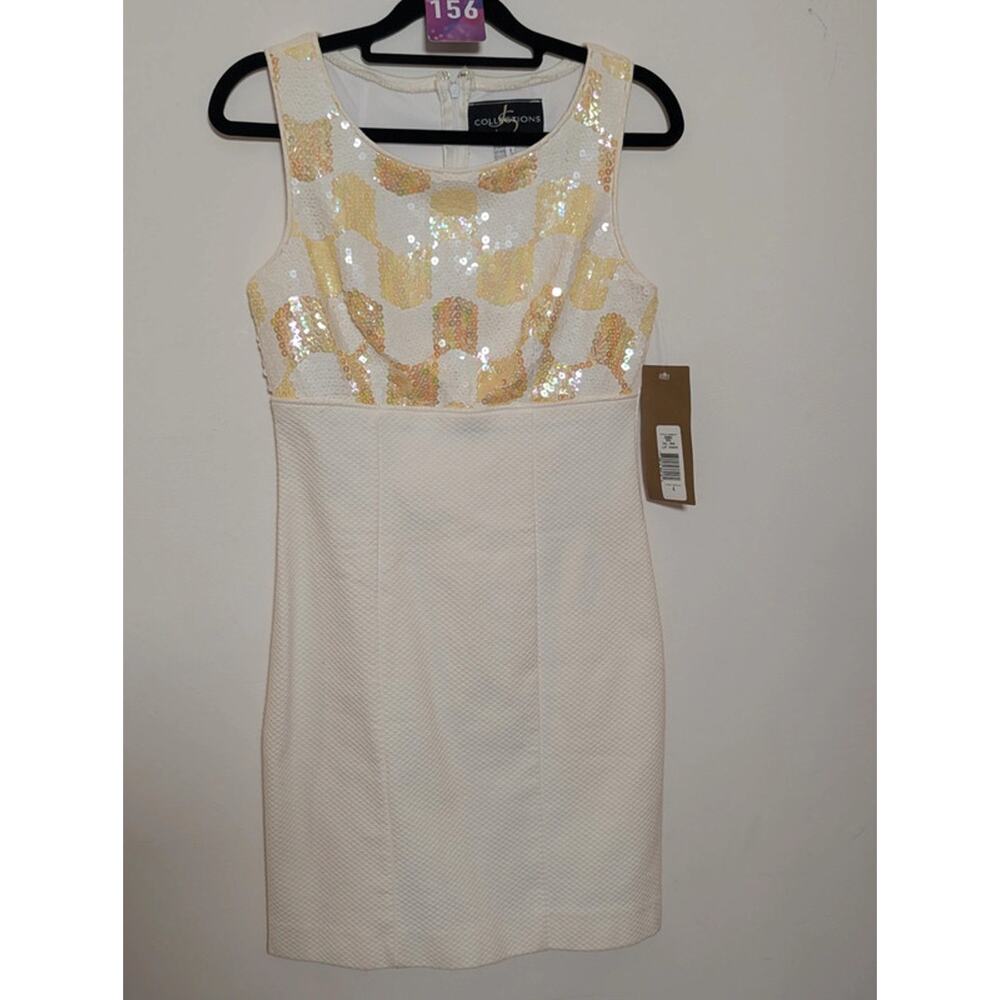 JS Collections Sequin Bodice Cocktail Dress Ivory Cream Sheath Dress Size 4 NWT